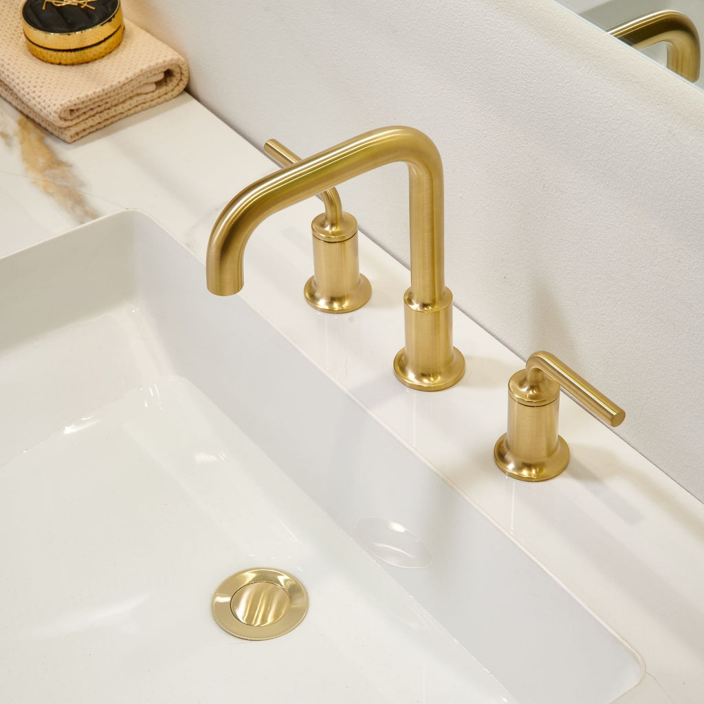 Oakland Wide Spread 2 Handle Bathroom Sink Faucet with Pop Up Drain in Satin Gold – Model #KSB8236SG