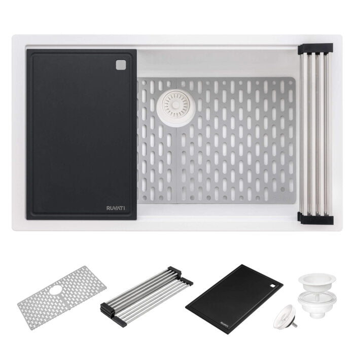 epiStage Model: RVG2306WH Ruvati 33-inch Granite Composite Quartz Workstation Undermount Kitchen Sink Single Bowl Arctic White Matte – RVG2306WH