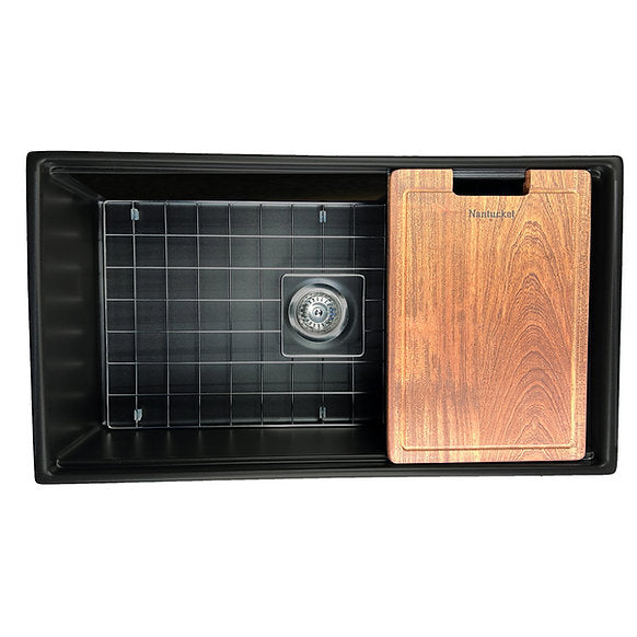 Nantucket Sinks - 33" Fireclay Reversible Workstation Farmhouse Fireclay Sink with Included Accessories Model# T-PS33MB