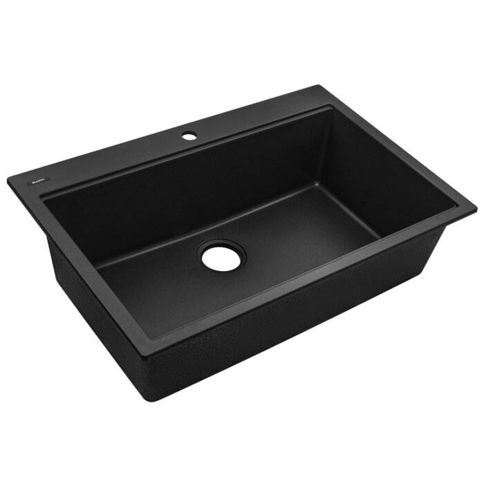 epiGranite Model: RVG1080BK Ruvati 33 x 22 inch epiGranite Drop-in Topmount Granite Composite Quartz Single Bowl Kitchen Sink – Midnight Black – RVG1080BK