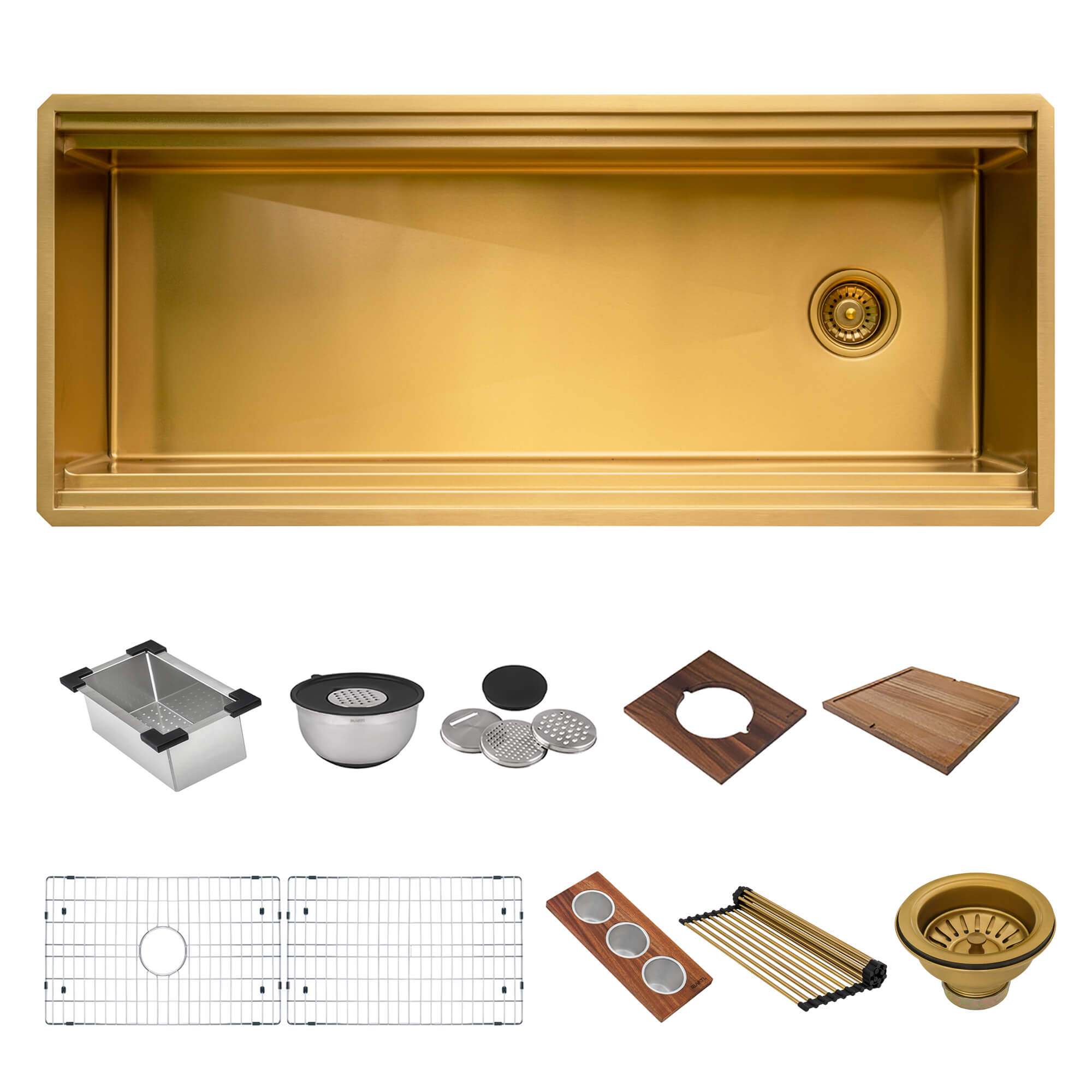 Dual-Tier Pro Ruvati 45" Matte Gold Stainless Steel Workstation Two-Tiered Ledge Undermount Kitchen Sink – Model# RVH6333GG