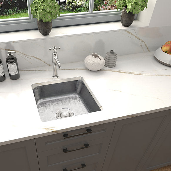 Nantucket Sinks - 16-1/2" Square Hammered Stainless Steel Undermount Bar/Prep Sink - In Matte Finish Model# SQRS-7MF