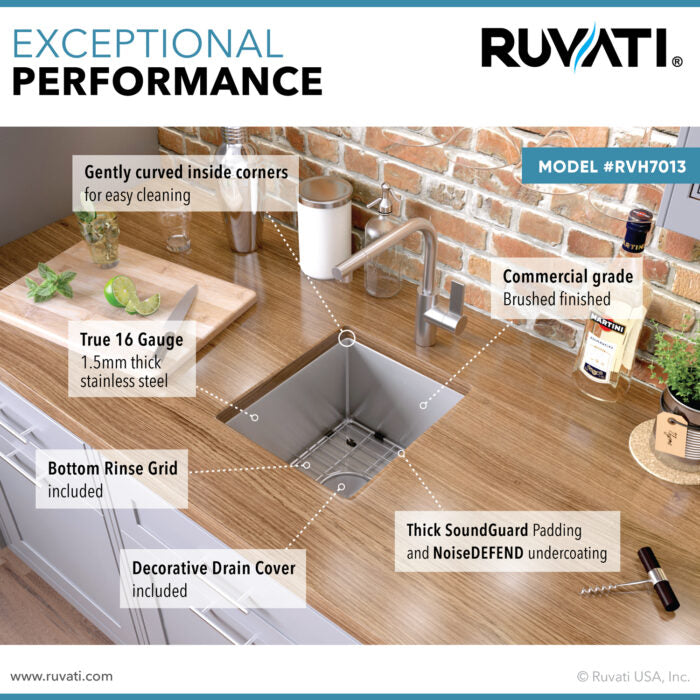 Gravena Ruvati 13" x 15" Undermount Bar Prep 16 Gauge Kitchen Sink Round Corners Stainless Steel Single Bowl – Model# RVH7013