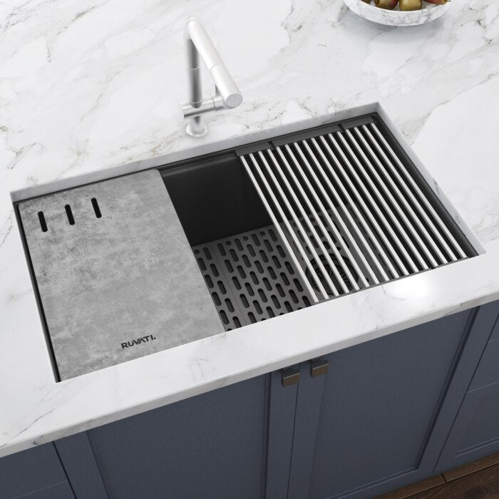 epiStage Model: RVG2302UG Ruvati 33-inch Undermount Workstation Granite Composite Quartz Kitchen Sink Urban Gray – RVG2302UG