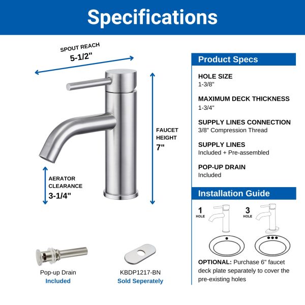 Oakland Single Handle Bathroom Sink Faucet with Pop Up Drain In Brushed Nickel Model# KSB1109BN