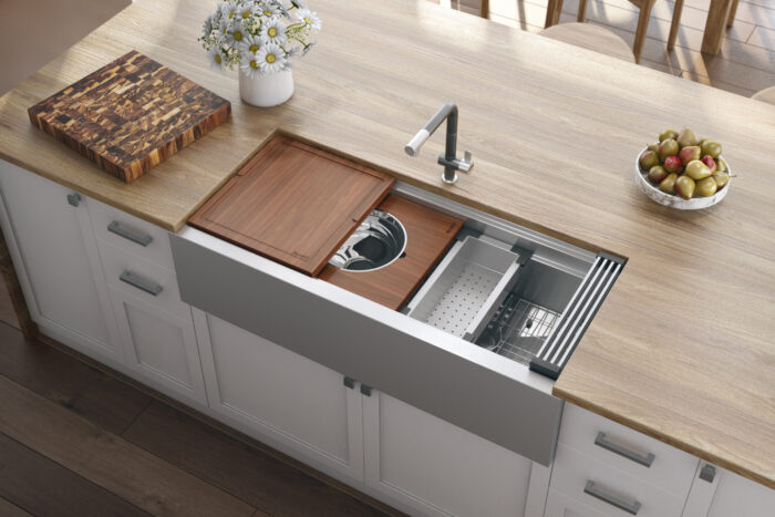 Dual Tier Model: RVH9333 Ruvati 45-inch Workstation Two-Tiered Ledge Kitchen Sink Apron-Front 16 Gauge Stainless Steel