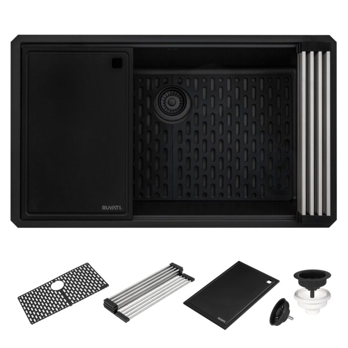 epiStage Model: RVG2306BK Ruvati 33-inch Undermount Workstation Granite Composite Quartz Kitchen Sink Matte Black – RVG2306BK