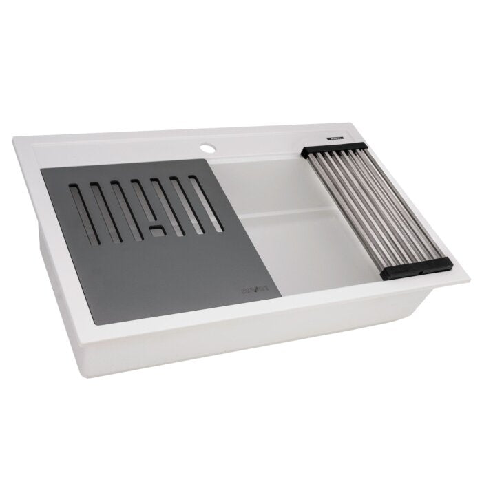 epiCube Model: RVG1634WH Ruvati 34-inch epiCube Granite Composite Quartz Workstation Drop-in Topmount Kitchen Sink Arctic White Matte – RVG1634WH