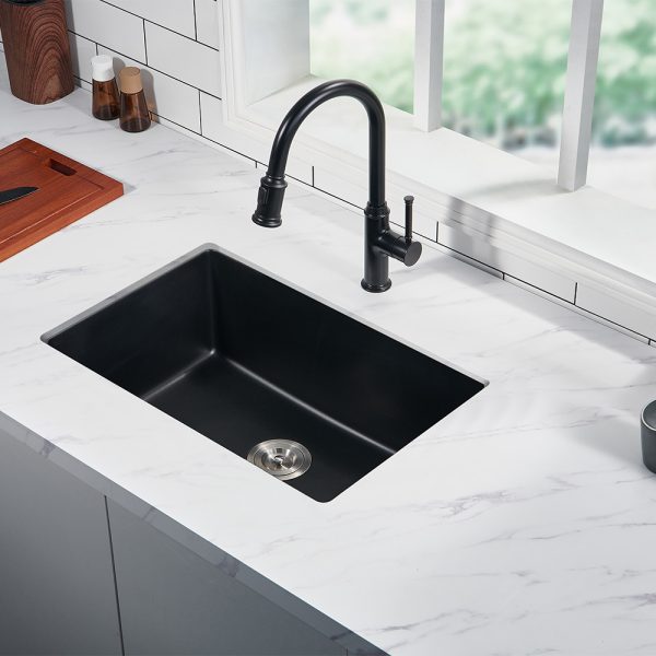 Oakland 27″ Undermount Granite Composite Single Bowl Kitchen Sink In Black Model# KGU27189BK