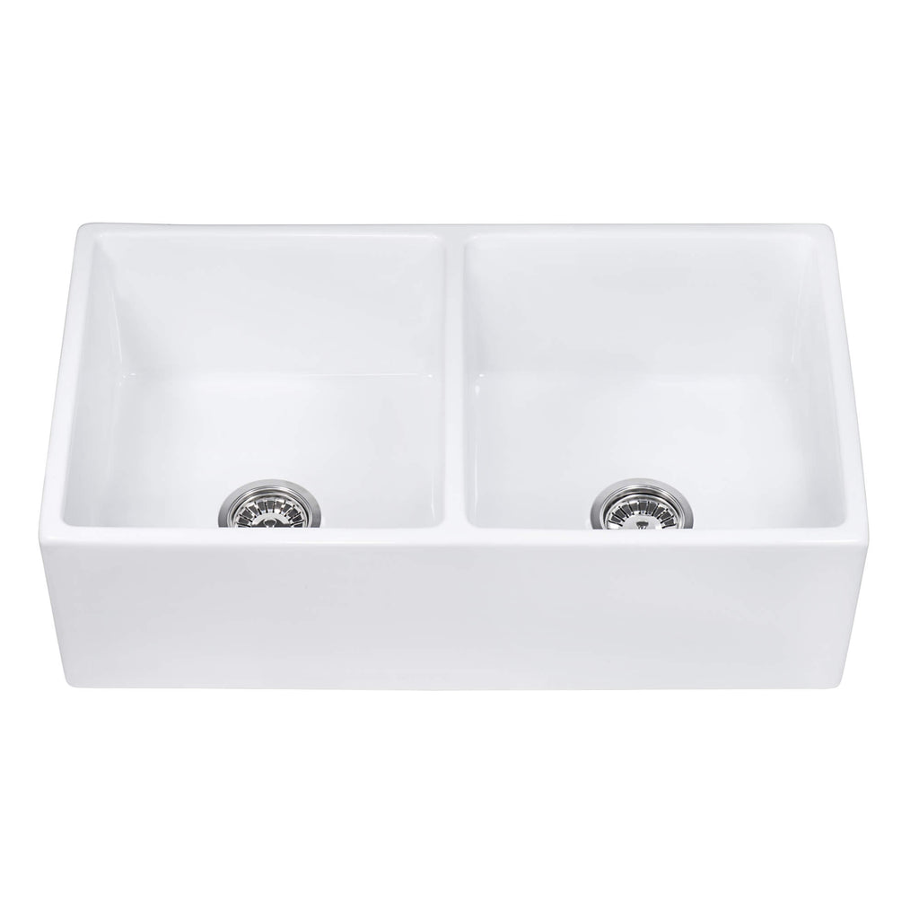 Fiamma Model: RVL2311WH Ruvati 33 x 18 inch Fireclay Farmhouse Apron-Front Kitchen Sink Double Bowl – White – RVL2311WH
