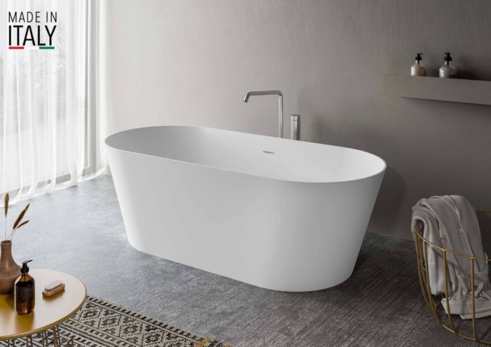 Omnia Ruvati 67-inch White epiStone Solid Surface Oval Freestanding Bathtub Omnia Matte – Model# RVB6750WH