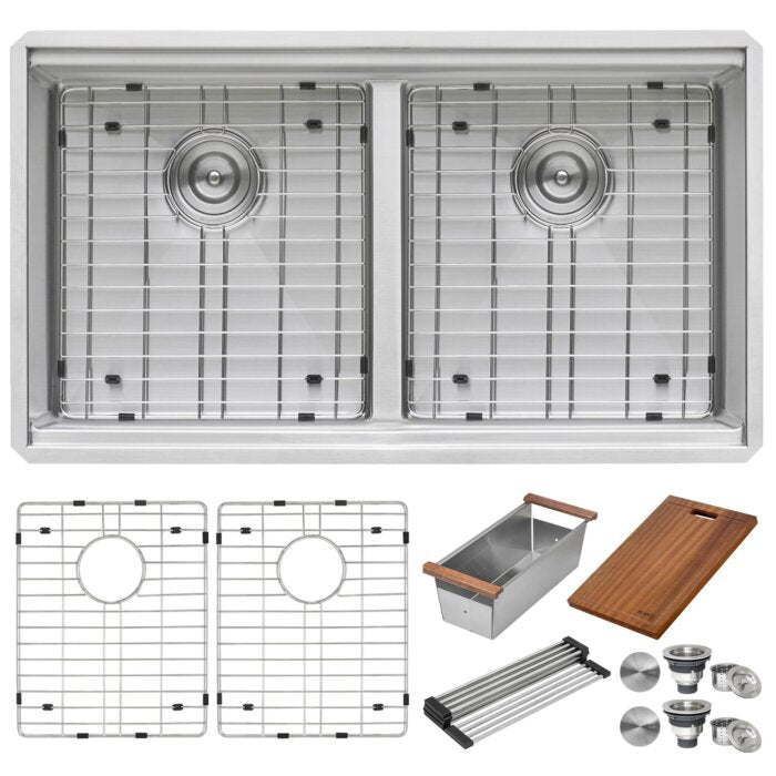 Roma Pro Ruvati 33-inch Workstation Ledge Rounded Corners 50/50 Double Bowl Undermount Kitchen Sink – Model # RVH8351