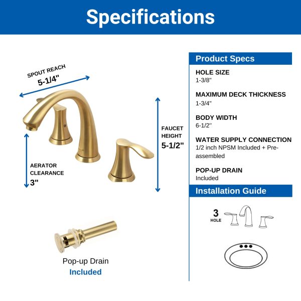 Oakland Wide Spread Bathroom Sink Faucet with Pop Up Drain in Satin Gold Model# KSB8232SG