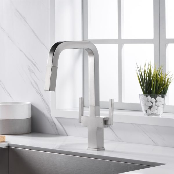 Two Handles 1 Hole High-Arc Kitchen Faucet in Brushed Nickel Model# KSK1219BN