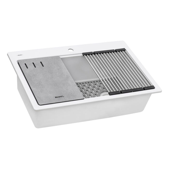 epiStage Ruvati 33-inch Granite Composite Workstation Drop-in Top Mount Kitchen Sink Matte White – Model# RVG1302WH