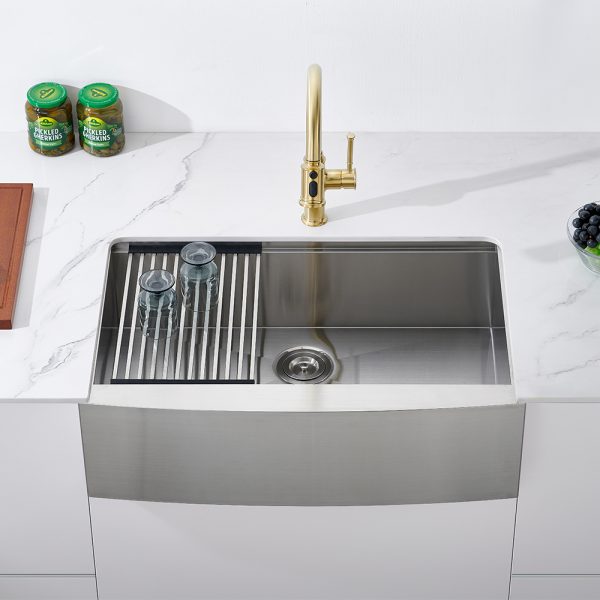 Oakland 33″ Workstation Farmhouse Kitchen Sink 90 Degree Square with Curved Front In Stainless Steel Model# WSF332110SS