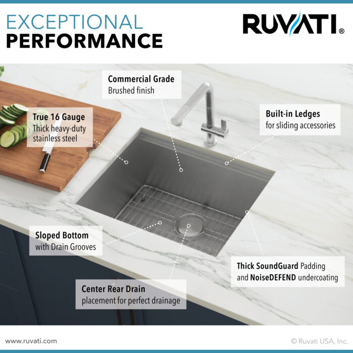 Roma Ruvati 23″ Workstation Ledge Bar Prep Kitchen Sink Undermount 16 Gauge Stainless Steel Single Bowl – Model # RVH8308