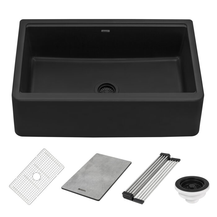 epiCast Ruvati 33" Matte Black Granite Farmhouse Workstation Apron-front Composite Kitchen Sink – Model# RVG1533BK