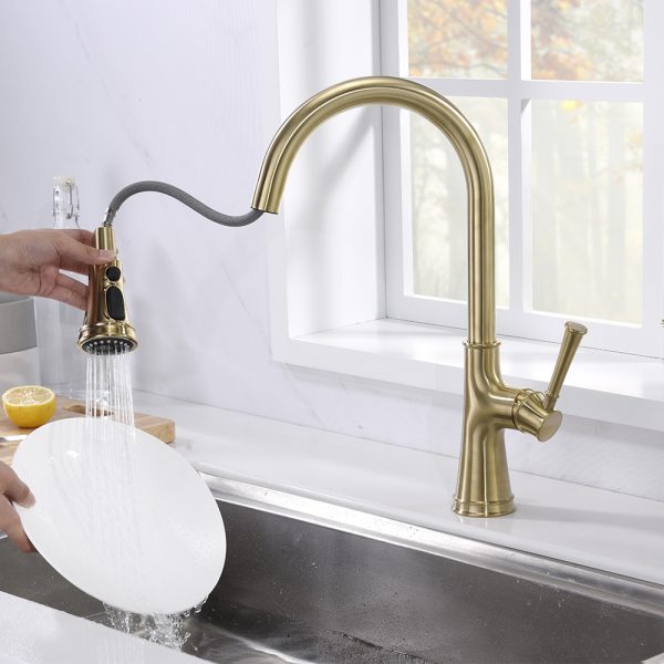 Single Handle 1 Hole Pull-Down Kitchen Faucet in Satin Gold – Model# KSK1129SG