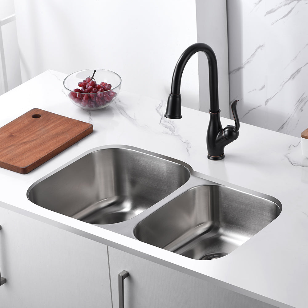 Oakland 32″ x 20″ Undermount Stainless Steel 60/40 Unequal Double Bowl Kitchen Sink Model# KSU322097B
