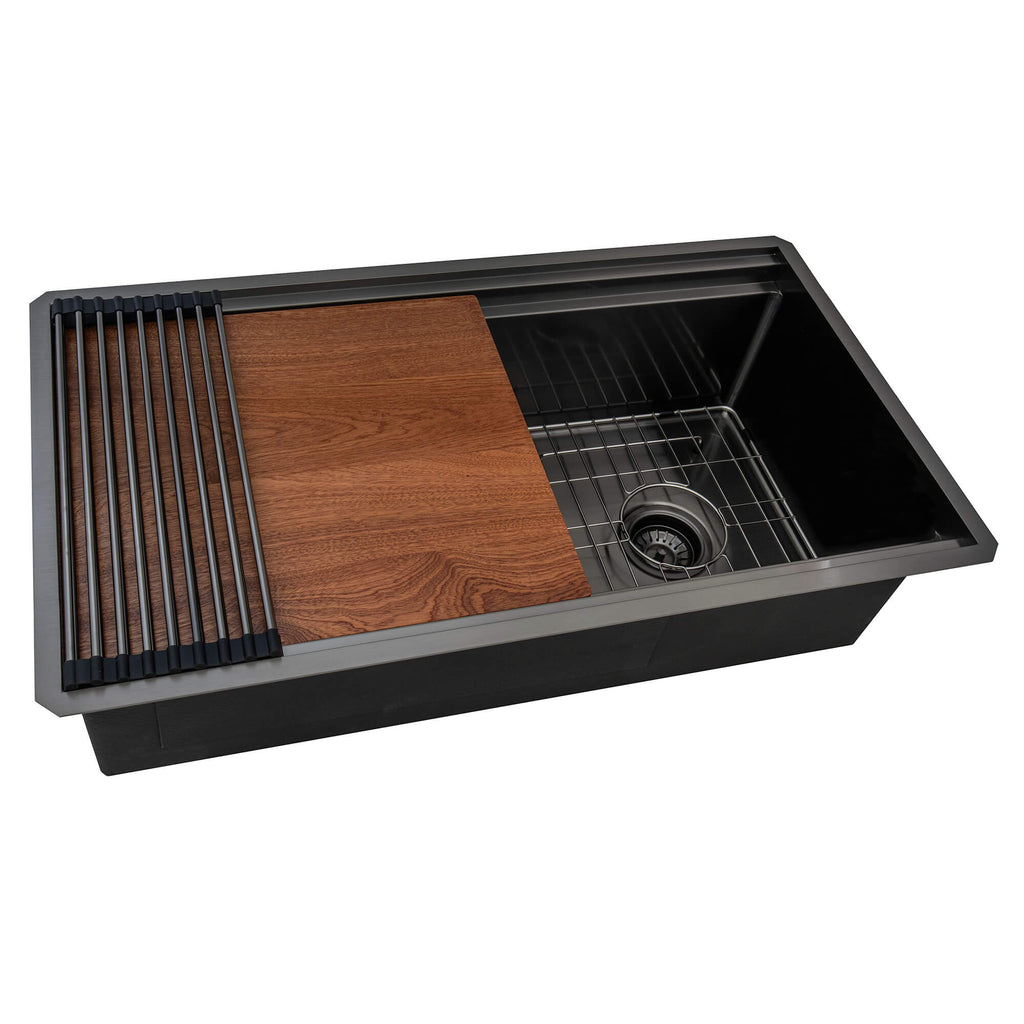 Dual-Tier Pro Ruvati 33-inch Gunmetal Black Stainless Steel Workstation Two-Tiered Ledge Kitchen Sink Undermount – Model# RVH6222BL