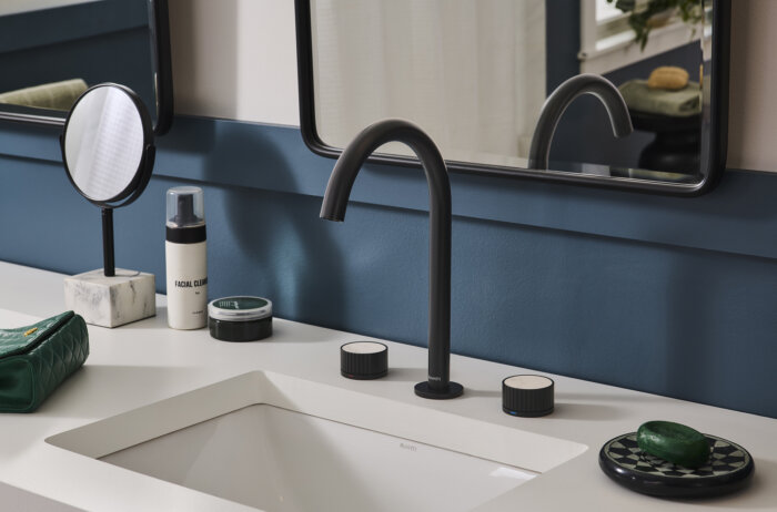 Athena Model: RVF5232MB Ruvati Athena Two Handle Stone Marble Inlay Grooved Widespread Bathroom Faucet in Matte Black- RVF5232MB