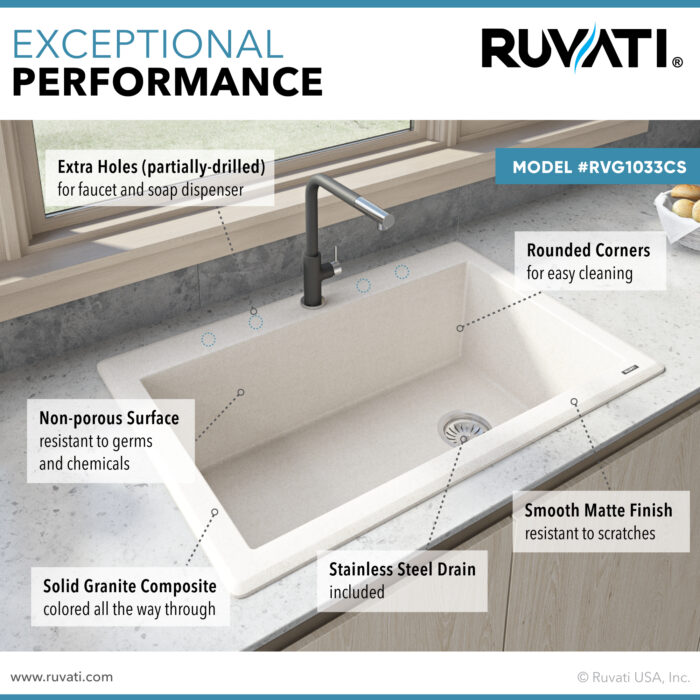 epiGranite Model: RVG1033CS Ruvati 33 x 22 inch epiGranite Drop-in Topmount Granite Composite Quartz Single Bowl Kitchen Sink – Caribbean Sand – RVG1033CS