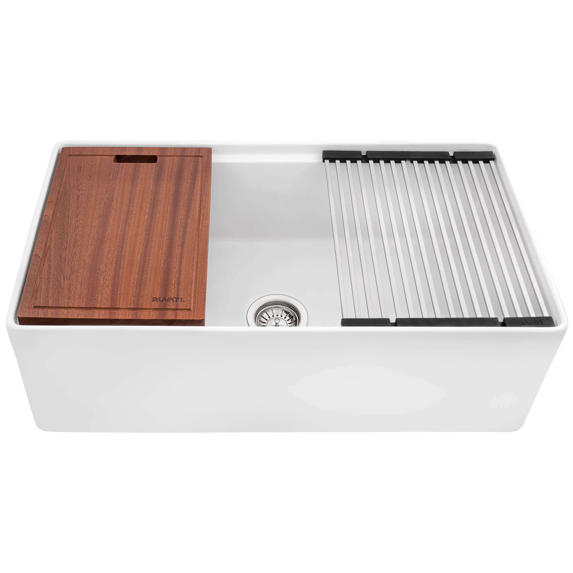 Fiore Model: RVL2387WH Ruvati 33 inch Fireclay Workstation White Farmhouse Kitchen Sink Apron Front Single Bowl – RVL2387WH