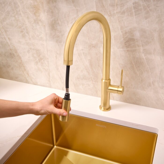 Vestia Model: RVF1237SG Ruvati Vestia Single Handle Pull Down Kitchen Faucet Knurled Modern Arc with Sprayer in Brushed Gold – RVF1237SG