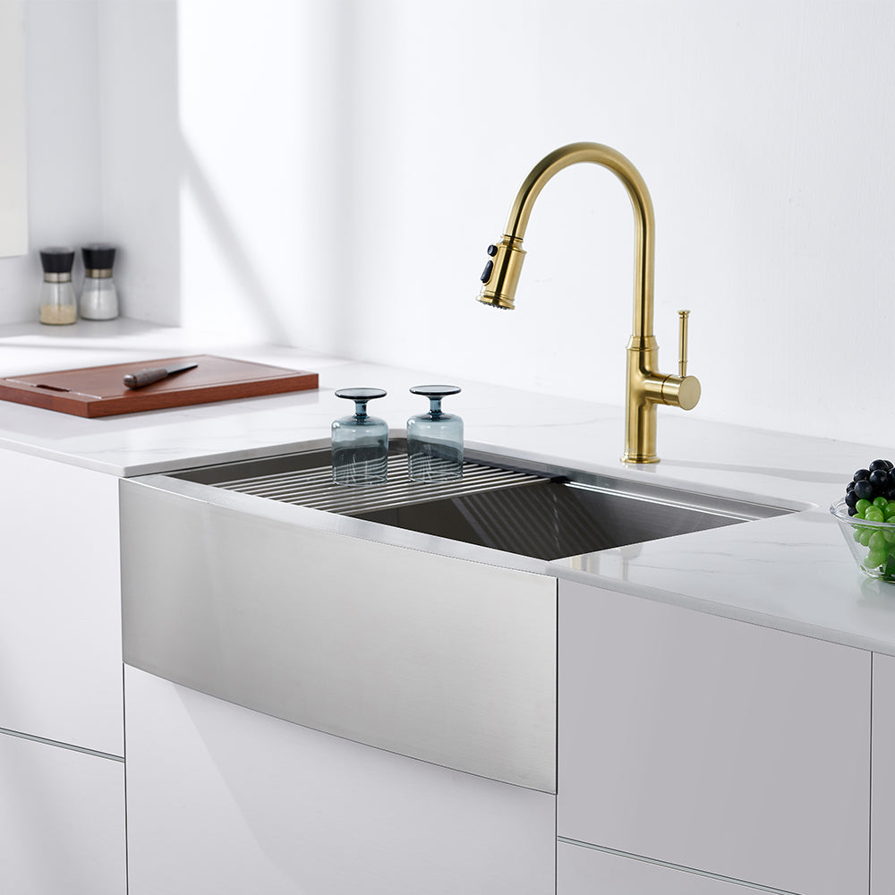 Oakland 30″ Workstation Farmhouse Kitchen Sink 90 Degree Square with Curved Front in Stainless Steel Model# WSF302110SS