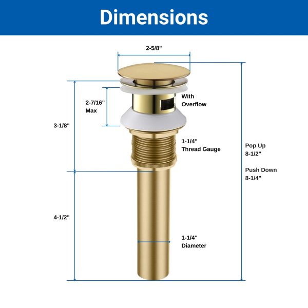Oakland Bathroom Sink Drain Push Style Pop-Up with Overflow in Satin Gold Finish Model# KSPOP-07