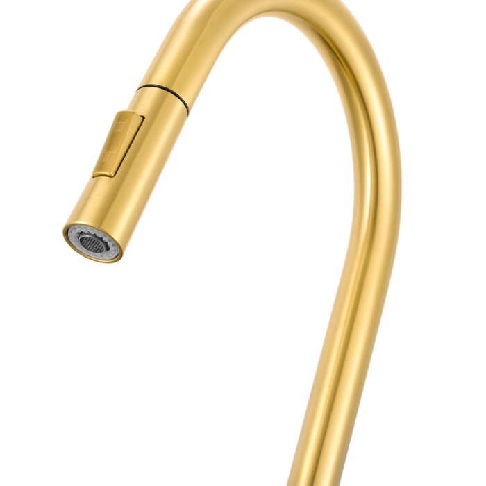 Isola Model: RVF1248SG Ruvati Isola Single Handle Pull Out Kitchen Faucet Knurl Transitional with Sprayer in Brushed Gold – RVF1248SG