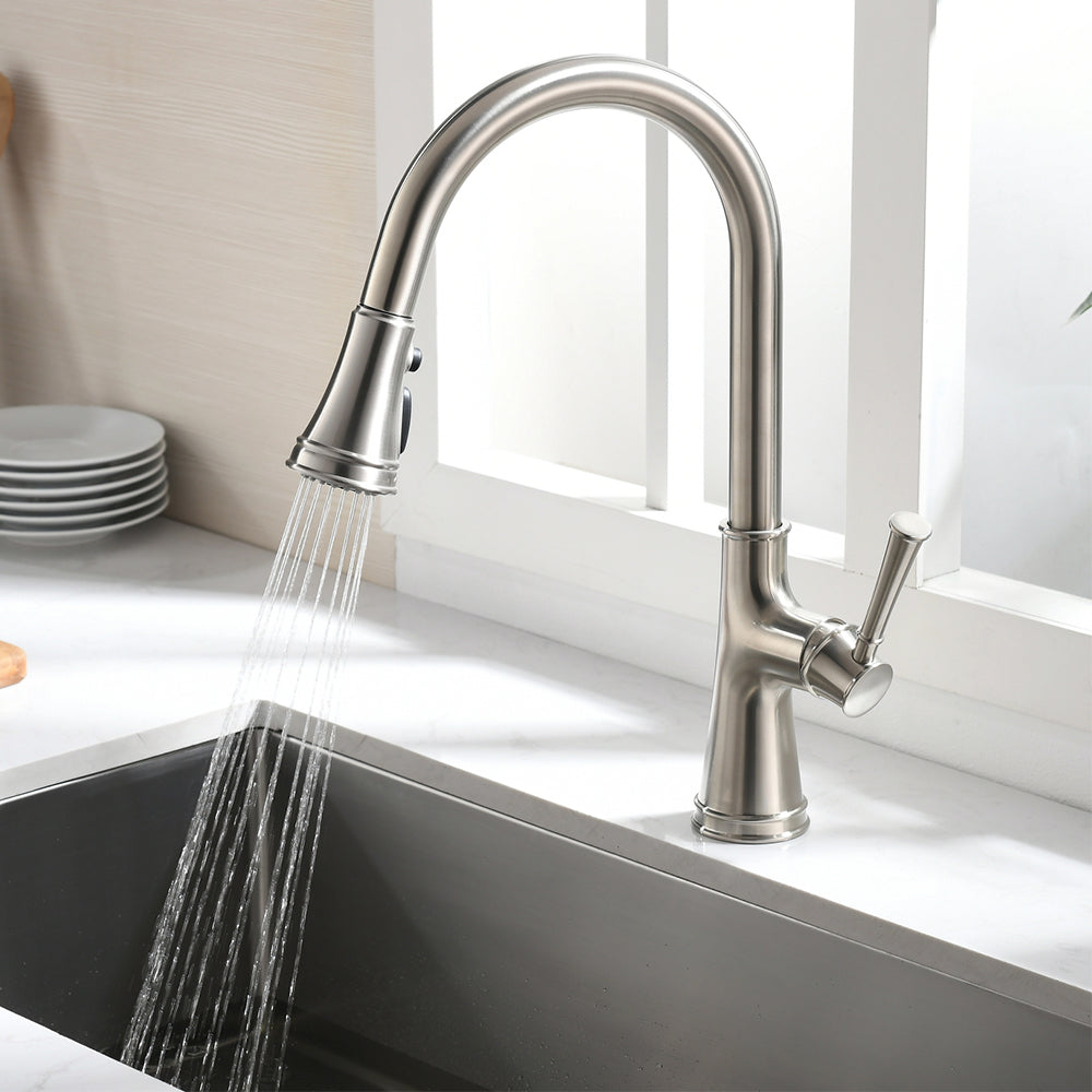 Single Handle 1 Hole Pull-Down Kitchen Faucet in Brushed Nickel – Model# KSK1129BN
