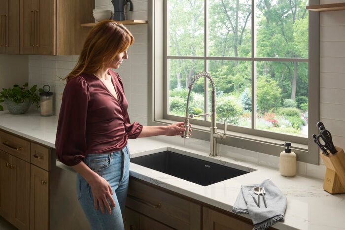 Bianca Model: RVF1238BN Ruvati Bianca Single Handle Pull Down Industrial Pre-Rinse High Arc Kitchen Faucet with Sprayer in Stainless Steel – RVF1238BN