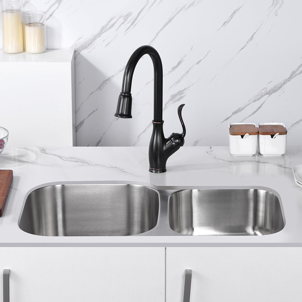 Oakland 32″ x 20″ Undermount Stainless Steel 60/40 Unequal Double Bowl Kitchen Sink Model# KSU322097B