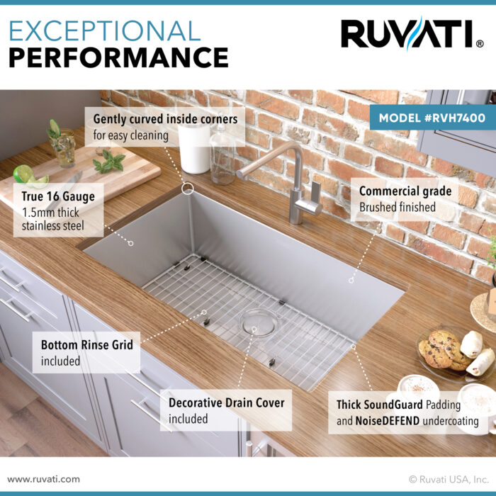 Gravena Ruvati 32-inch Undermount 16 Gauge Rounded Corners Kitchen Sink Stainless Steel Single Bowl – Model# RVH7400