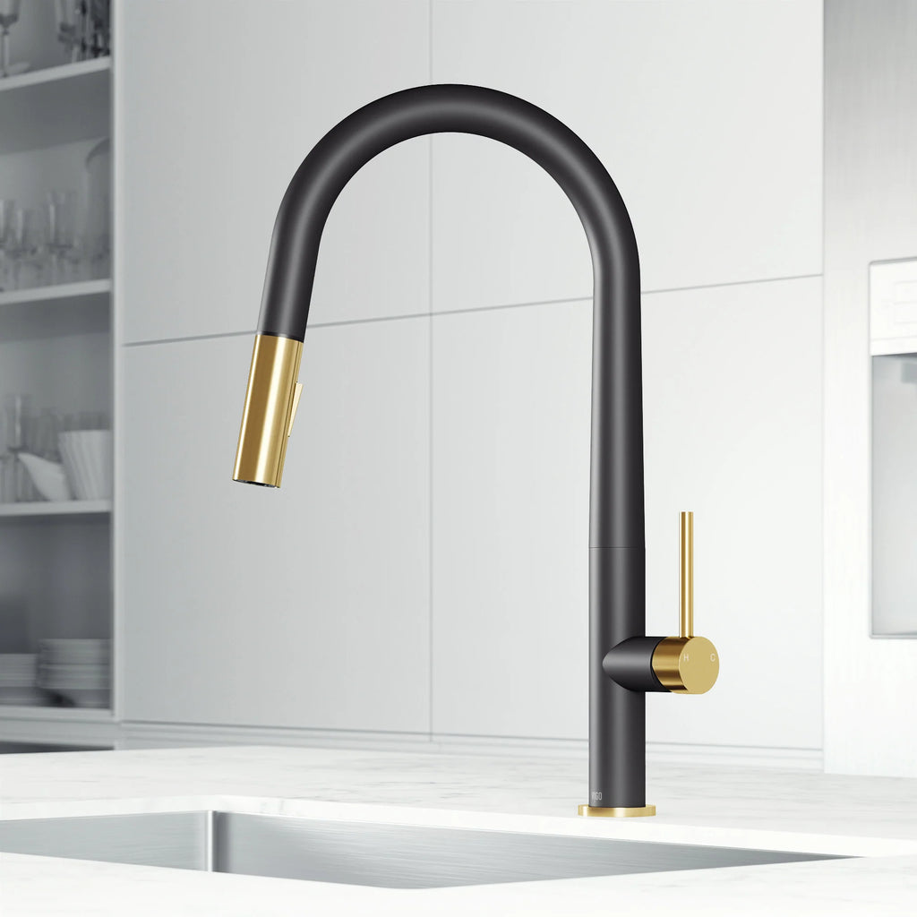 VIGO - Greenwich 18 in. Single Handle Pull-Down Kitchen Faucet In Primary Matte Black/Matte Brushed Gold Finish Model# VG02029SMBMGB