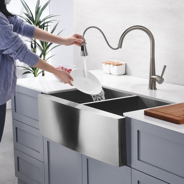 Oakland 33″ Zero Radius, Farmhouse 16 Gauge Stainless Steel Double Bowl Kitchen Sink Model# KSF332010D
