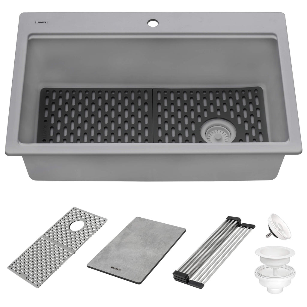 epiStage Ruvati 33-inch Granite Composite Workstation Drop-in Top Mount Kitchen Sink Urban Gray – Model# RVG1302UG