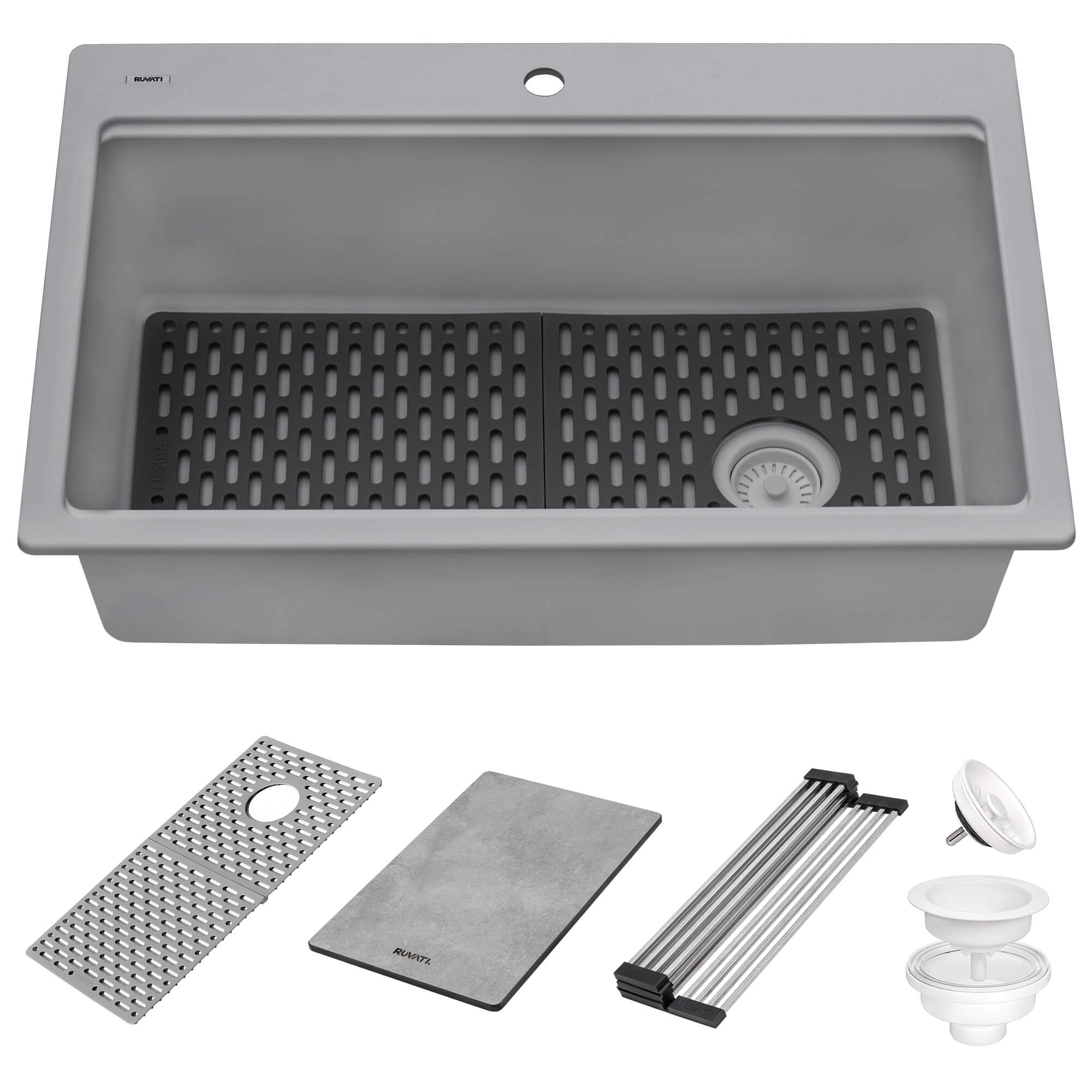epiStage Ruvati 33-inch Granite Composite Workstation Drop-in Top Mount Kitchen Sink Urban Gray – Model# RVG1302UG