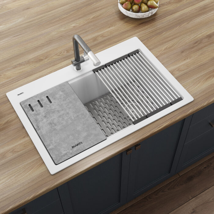 epiStage Ruvati 33-inch Granite Composite Workstation Drop-in Top Mount Kitchen Sink Matte White – Model# RVG1302WH