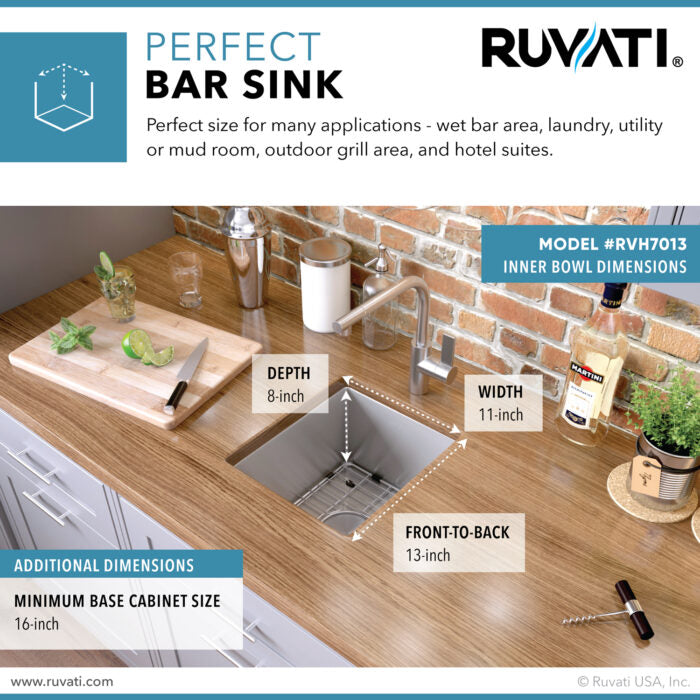 Gravena Ruvati 13" x 15" Undermount Bar Prep 16 Gauge Kitchen Sink Round Corners Stainless Steel Single Bowl – Model# RVH7013