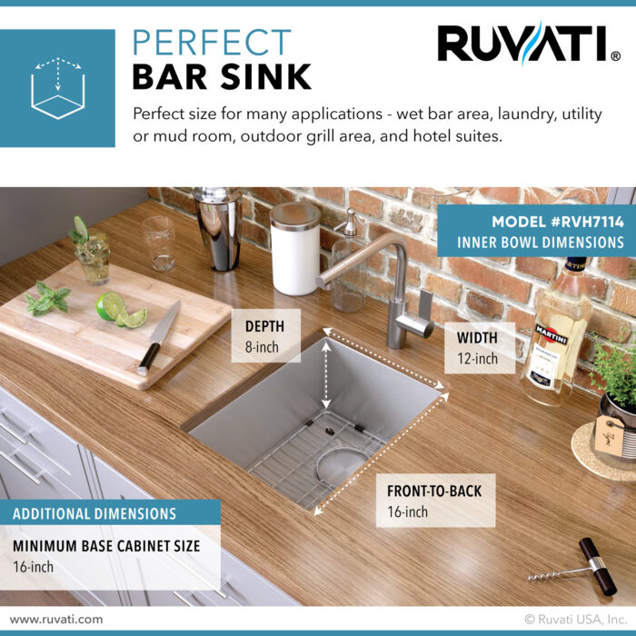 Gravena Ruvati 14" Undermount Bar Prep Sink 16 Gauge Rounded Corners Stainless Steel Single Bowl – Model# RVH7114