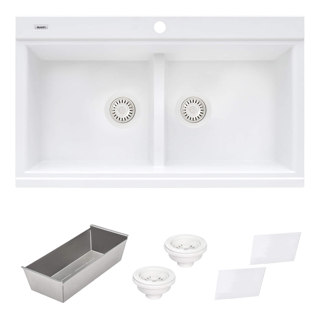 epiGranite Model: RVG1350WH Ruvati 34 inch epiGranite Drop-in Topmount Workstation Ledge Granite Composite Quartz Kitchen Sink – Arctic White Matte – RVG1350WH