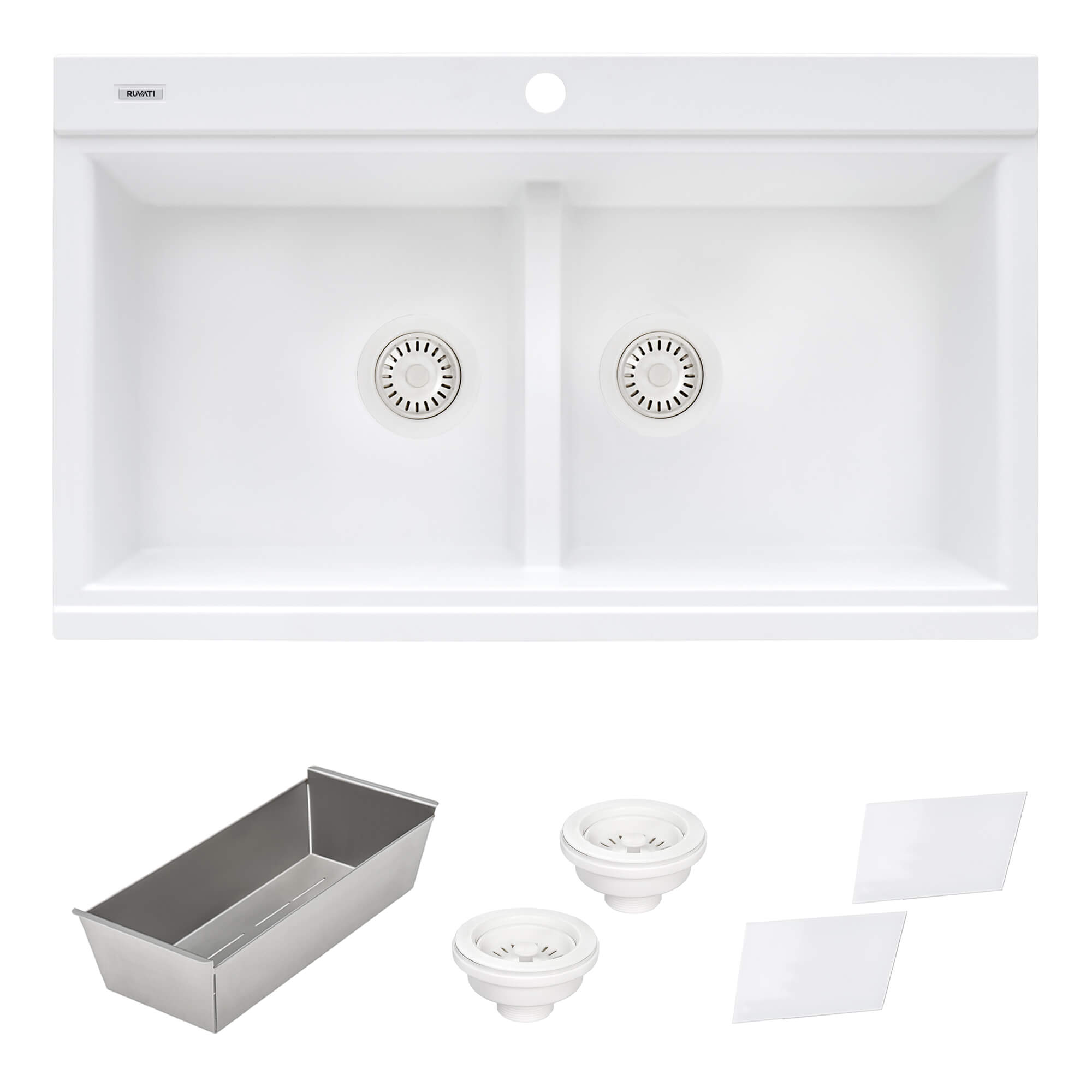 epiGranite Model: RVG1350WH Ruvati 34 inch epiGranite Drop-in Topmount Workstation Ledge Granite Composite Quartz Kitchen Sink – Arctic White Matte – RVG1350WH