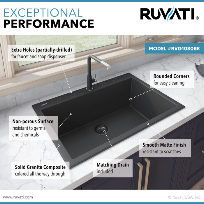 epiGranite Model: RVG1030BK Ruvati 30 x 20 inch epiGranite Drop-in Topmount Granite Composite Quartz Single Bowl Kitchen Sink – Midnight Black – RVG1030BK