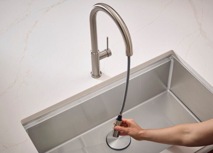 Vestia Model: RVF1237BN Ruvati Vestia Single Handle Pull Down Kitchen Faucet Knurling Contemporary with Sprayer in Stainless Steel – RVF1237BN