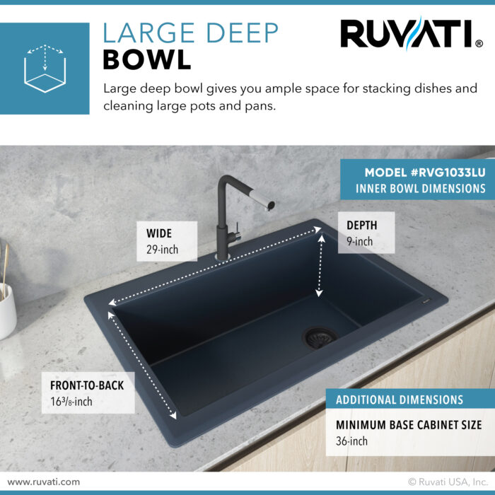 epiGranite Model: RVG1033LU Ruvati 33 x 22 inch Granite Composite Quartz Drop-in Topmount Single Bowl Kitchen Sink – Catalina Blue – RVG1033LU