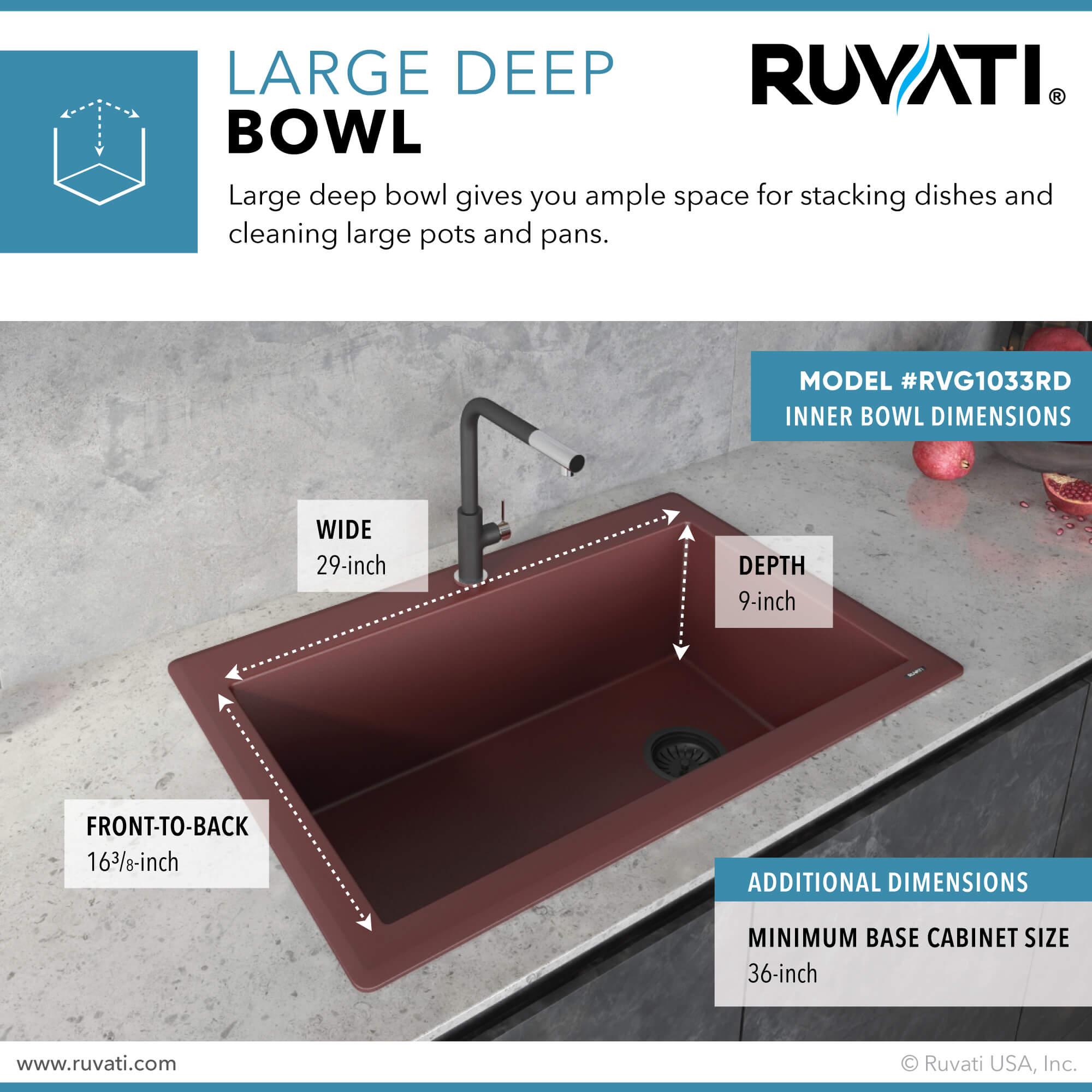 epiGranite Model: RVG1033RD Ruvati 33 x 22 inch Granite Composite Quartz Drop-in Topmount Single Bowl Kitchen Sink – Carnelian Red – RVG1033RD