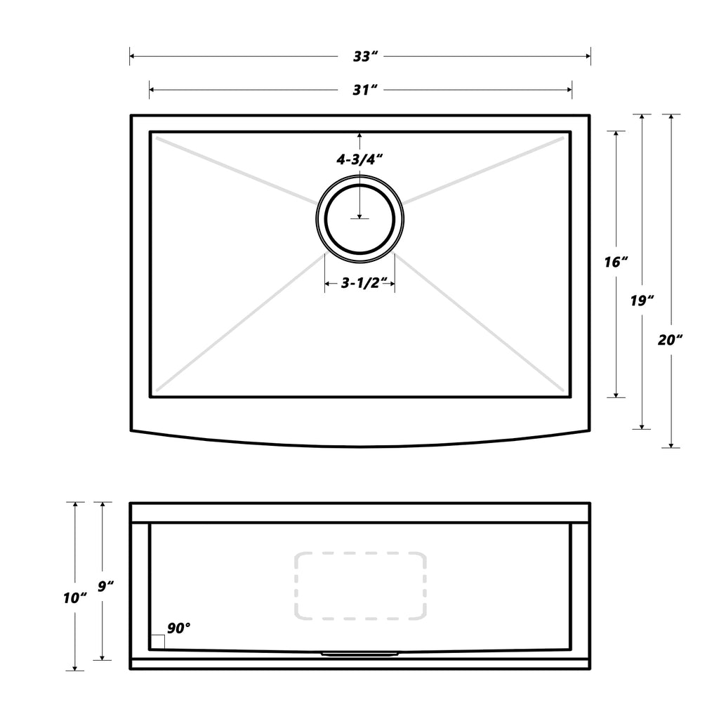 Oakland 33″ Zero Radius, Farmhouse 16 Gauge Stainless Steel Single Bowl Kitchen Sink Model# KSF332010S
